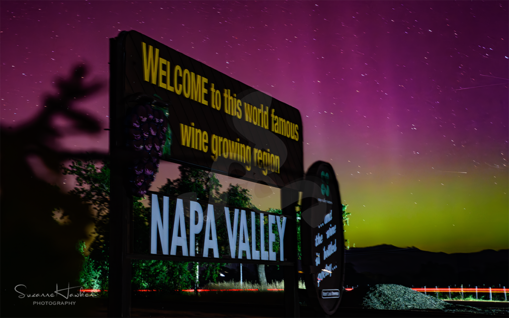 napa photographer Suzanne Hawken took this napa valley sign during aurora borealis 2024