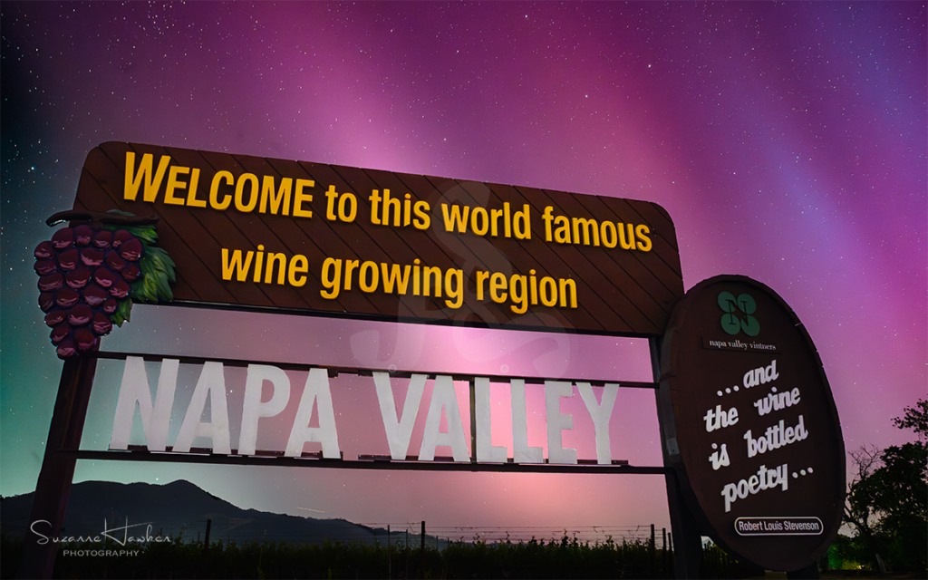 napa valley welcome sign and aurora borealis photographed by napa photographer Suzanne Hawken