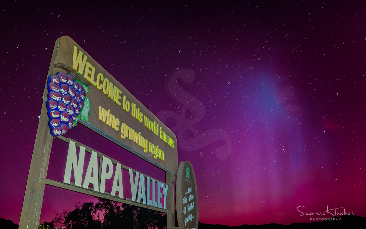 napa valley sign with aurora borealis by napa photographer Suzanne Hawken