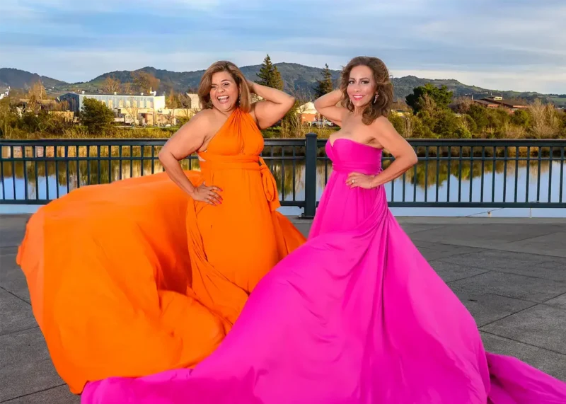 Two women experiencing the Flying Dress photoshoot in Napa Valley