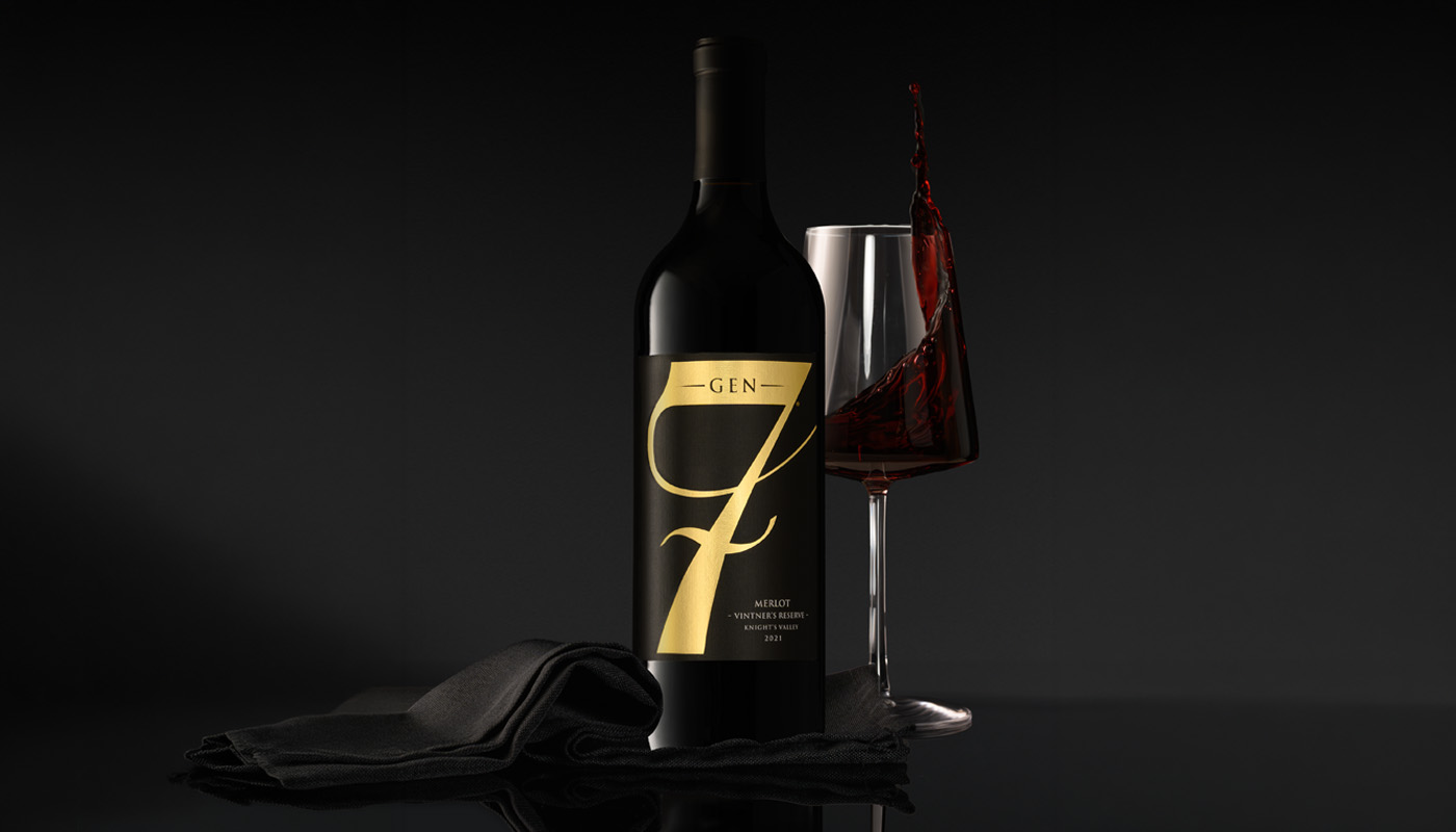 Napa Valley Merlot bottle of wine with wine swirling in wine glass on black background